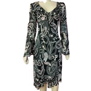 TESSUTO Bias cut Dress Paisley Flare Sleeve Black/Pink/gray V-Neck NEW #C6